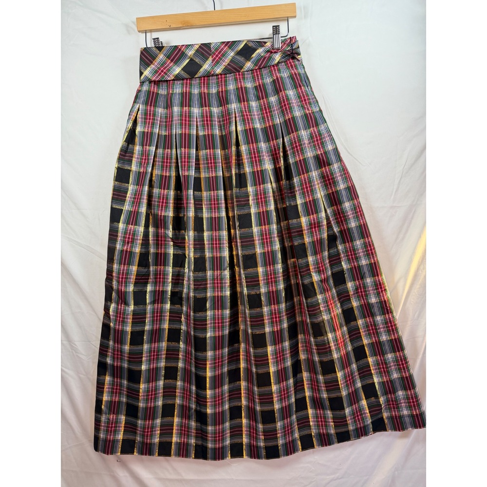 Plaid Metallic Holiday Maxi Skirt Pleated High Waist Sash Tie Festive Red sz 2 - Picture 8 of 12